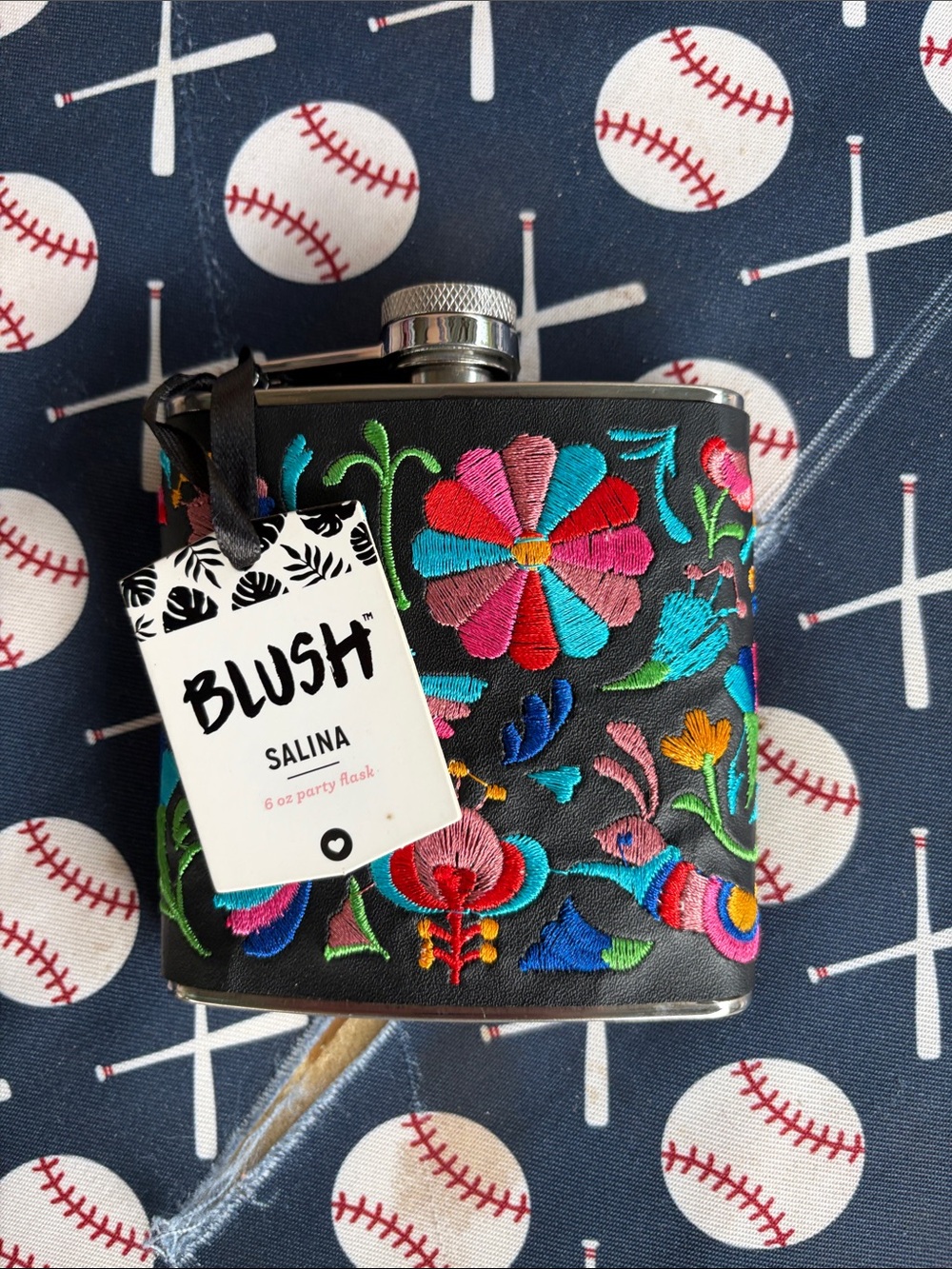 Blush Black Floral Embroidered Flask with Multicolor Blooms